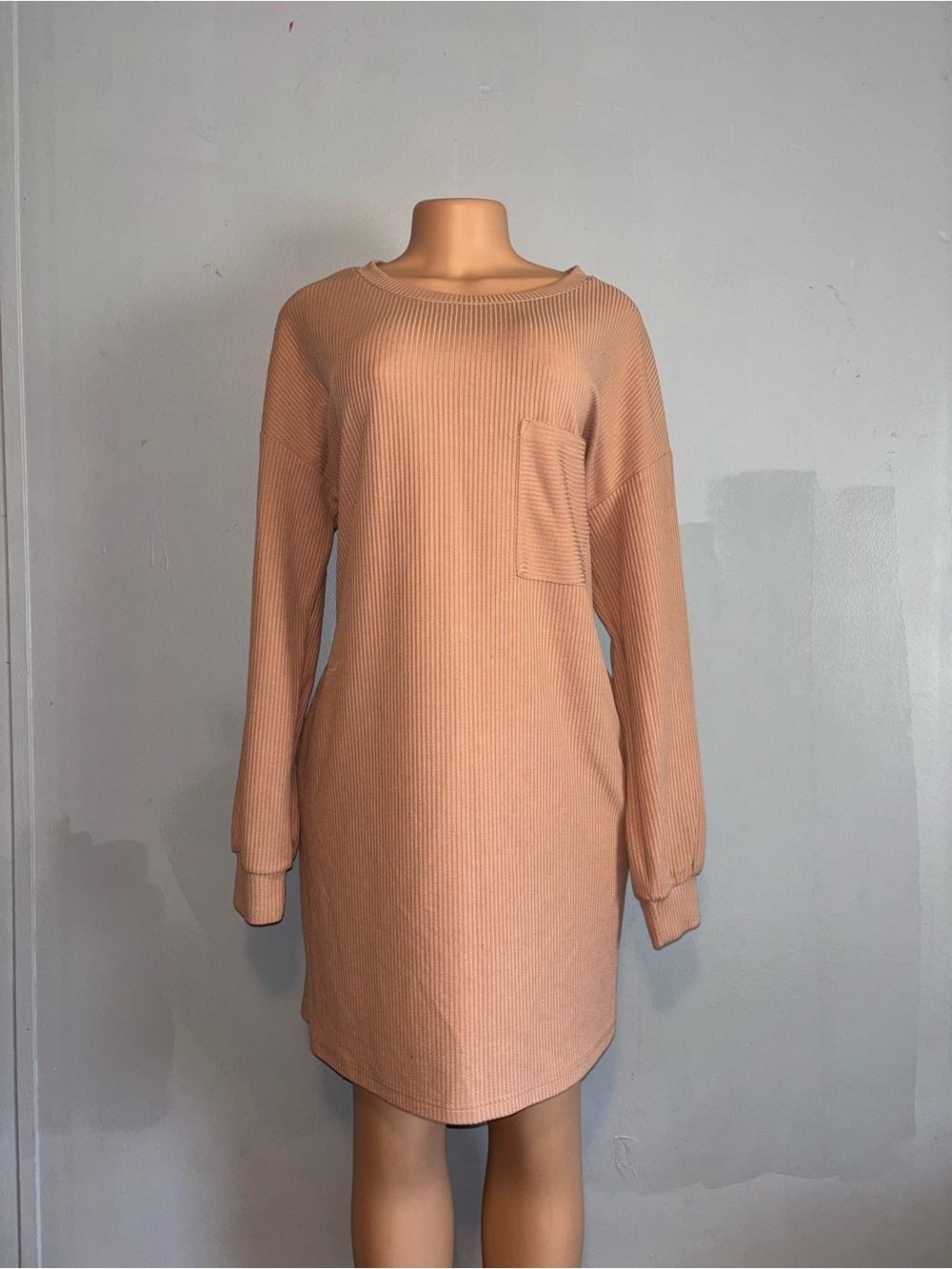Long Sleeve Ribbed Pocket Dress in Dusty Pink